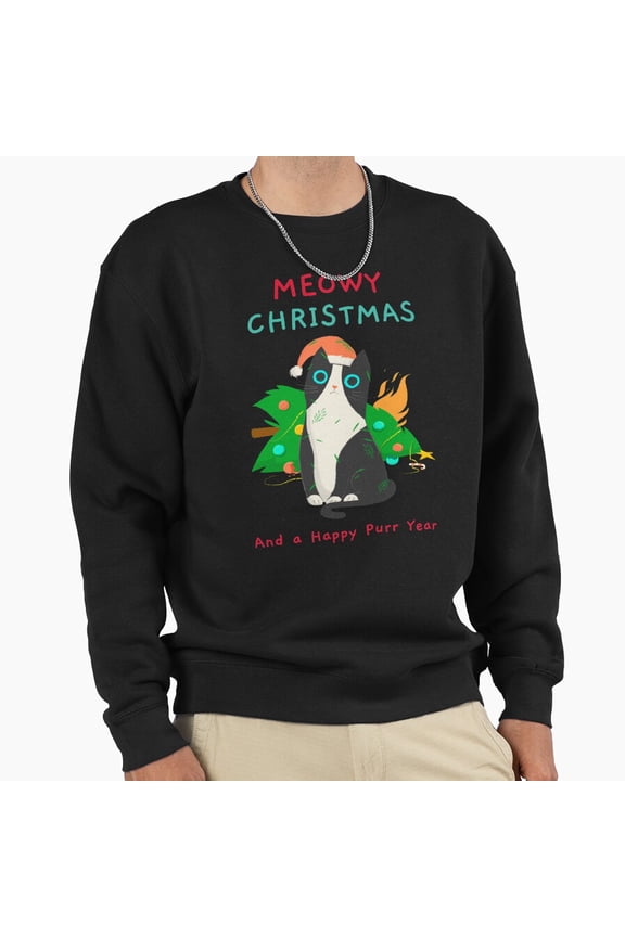 Meowy Christmas Cat Unisex Sweatshirt Funny Retro Vintage Holiday Graphic Aesthetic G3363, Up to Size 5XL