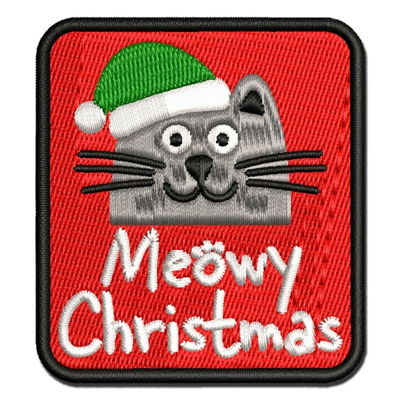 Meowy Christmas Cat with Santa Hat Applique Multi-Color Embroidered Iron-On Patch - 2.5 Inch Small