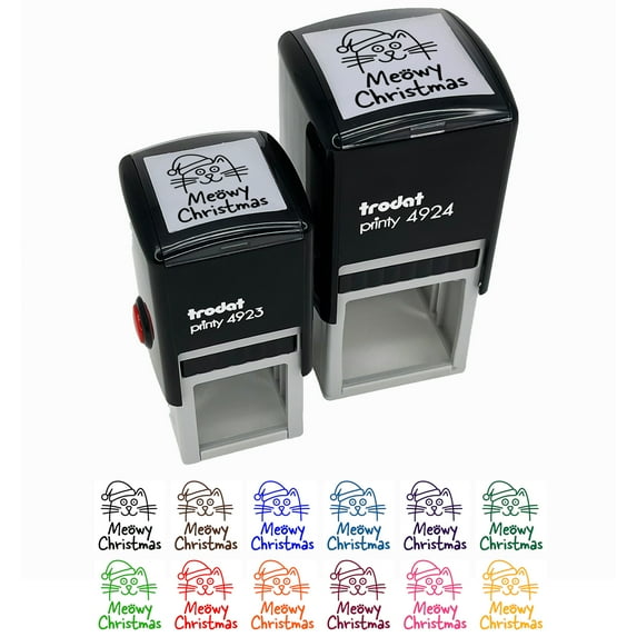 Meowy Christmas Cat with Santa Hat Self-Inking Rubber Stamp Ink Stamper - Red Ink - Small 1 Inch