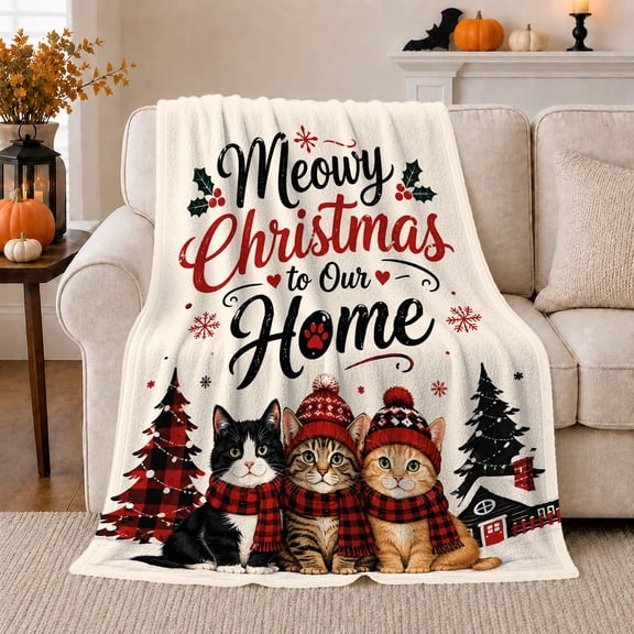 Meowy Christmas Cats Buffalo Plaid Hats - Cheerful, Playful Pet Portrait Pattern, Warm Flannel Blanket for Living Room and Bedroom, Cat Lovers Christmas Gift, Pet Lover Home Decor