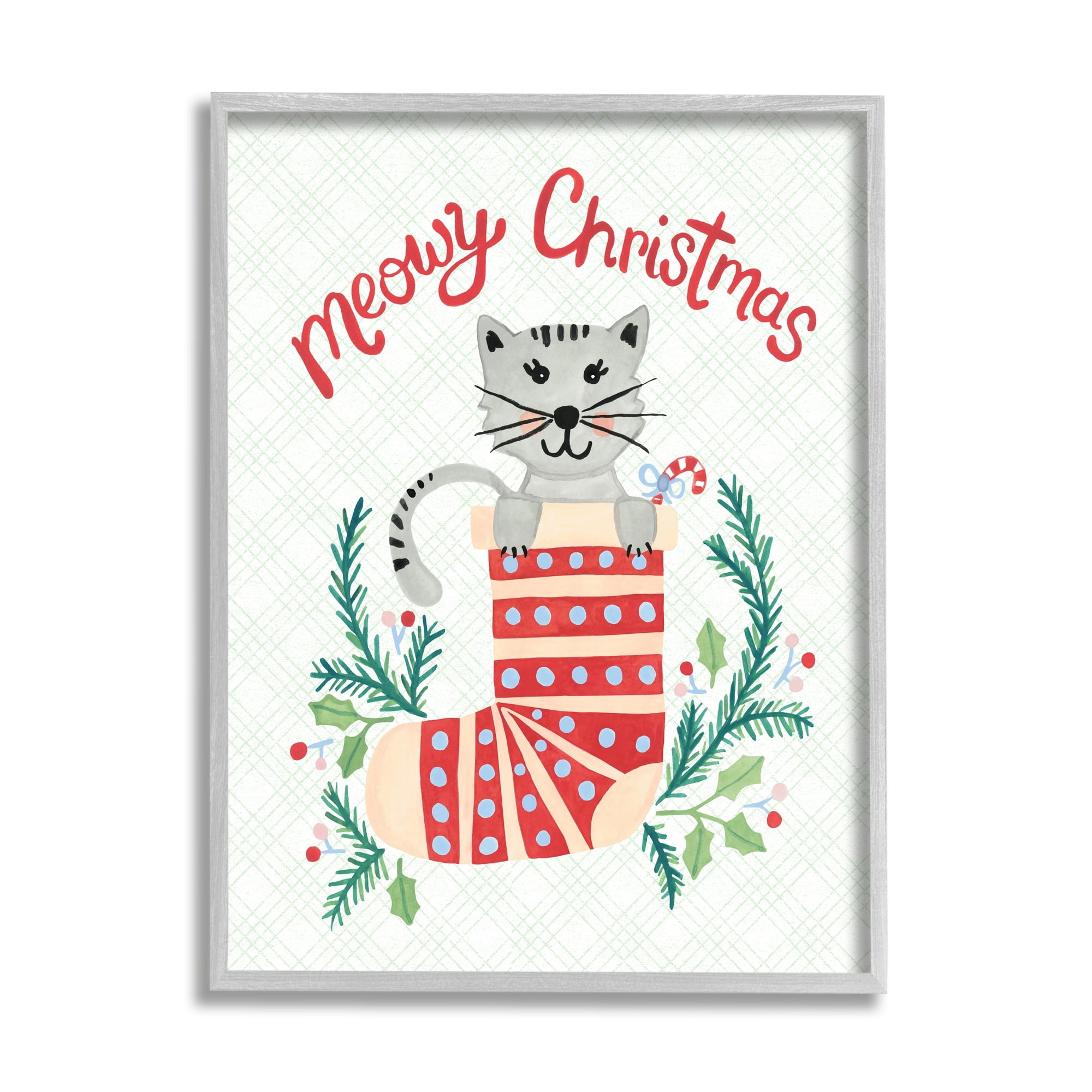 Meowy Christmas Clever Cat Nestled Patterned Stocking Animals & Insects Painting Framed Art Print Wall Art