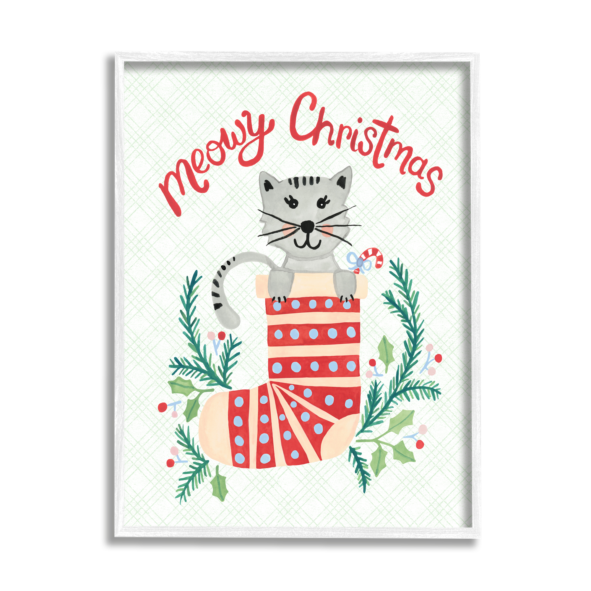 Meowy Christmas Clever Cat Nestled Patterned Stocking Animals & Insects Painting Framed Art Print Wall Art