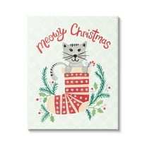 Meowy Christmas Clever Cat Nestled Patterned Stocking Animals & Insects Painting Gallery-Wrapped Canvas Print Wall Art