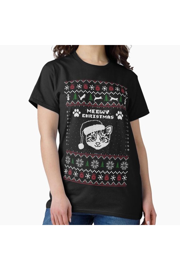 Meowy Christmas Cute Festive Cat Seasonal Holiday Classic Unisex T-Shirt, up to size 5XL