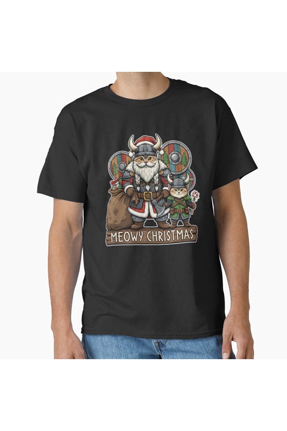 Meowy Christmas Cute Viking Cat Festive Holiday Day Apparel Unisex T-Shirt, up to Size 5XL
