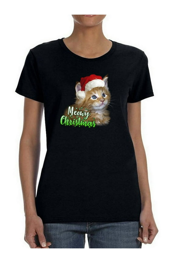 Meowy Christmas Kitten Santa T-Shirt Women -Smartprints Designs, Female Small