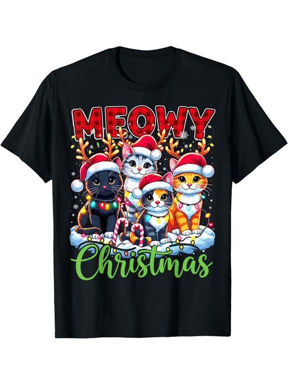 Meowy Christmas Reindeer Xmas Lights Santa Cat T-Shirt