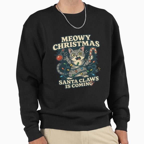 Meowy Christmas St. Nick Claws Funny Mad Graphic Unisex Sweatshirt Retro Lights Art G22678, Up to Size 5XL