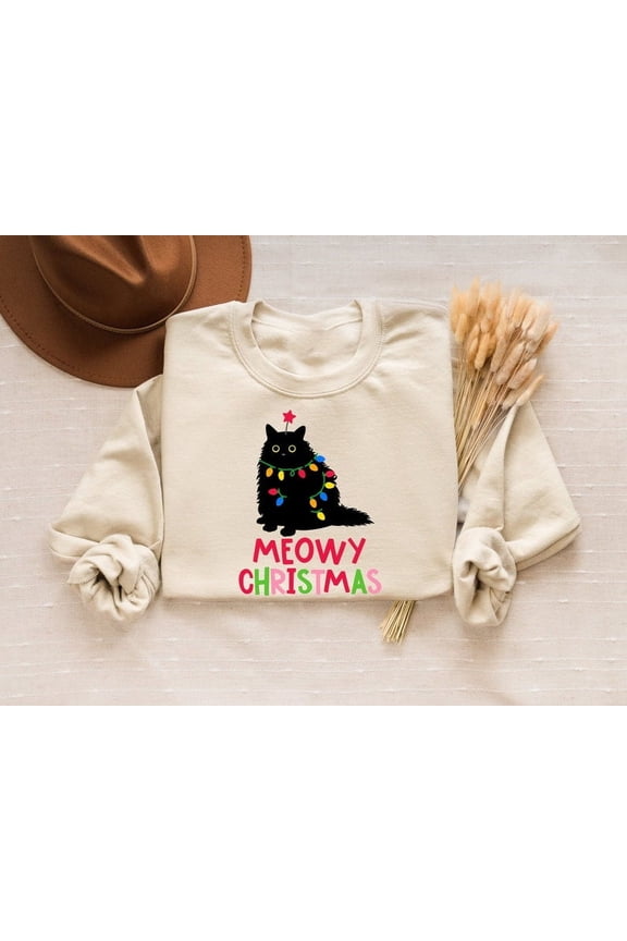 Meowy Christmas Sweatshirt, Cat Christmas Sweatshirt, Cat Lover Xmas T-Shirt, Christmas Cat Mom Sweater, Catmas Gift For New Year