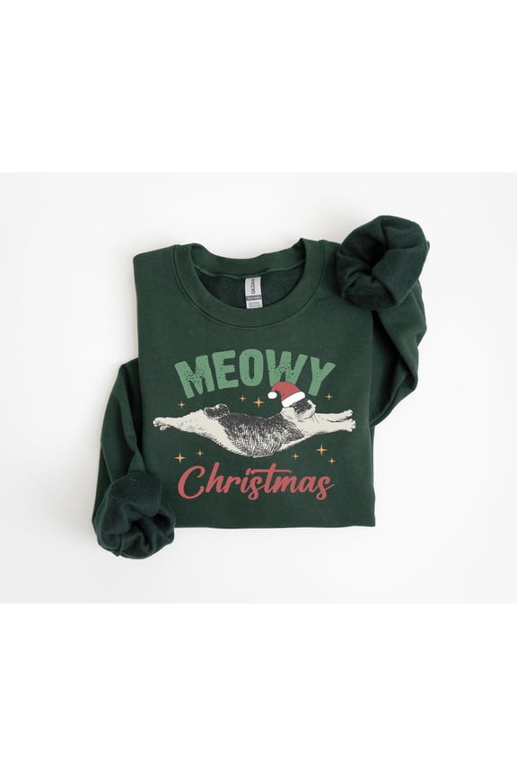 Meowy Christmas Sweatshirt Women, Funny Cat Lover Crewneck, Holiday Cat Gift Shirt
