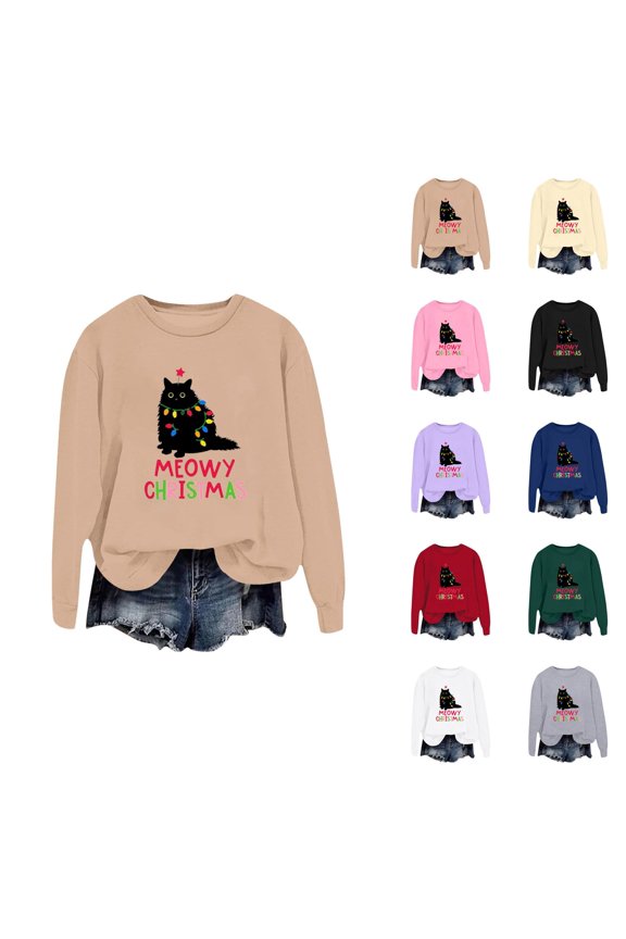 Meowy Christmas Sweatshirts for Women 2025 Long Sleeve Crewneck Cute Black Cat Graphic Sweatshirt Pullover Tops