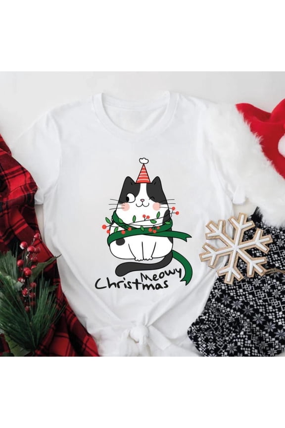 Meowy Christmas Tee Cat Lover Graphic Holiday Family Cute Festive Top Short Sleeve Round Neck White S-5XL