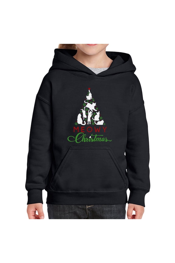 Meowy Christmas Tree - Girl's Word Art Hooded Sweatshirt