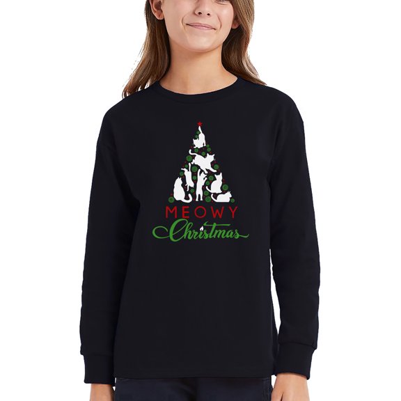 Meowy Christmas Tree - Girl's Word Art Long Sleeve T-Shirt
