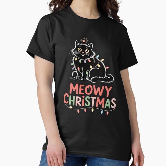 Meowy Christmas With Xmas Lights And A Black Cat For A Pajamas Family G19178 Unisex T-Shirt, Up to Size 5XL