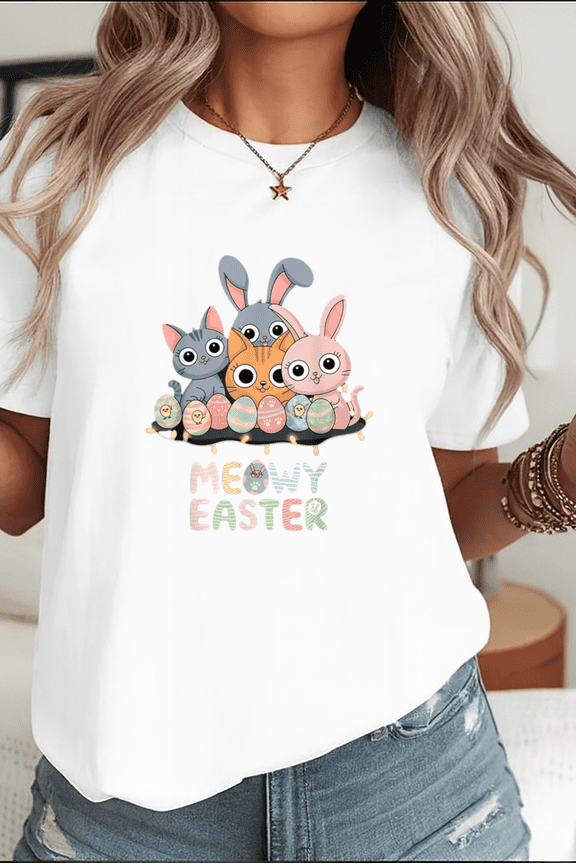 Meowy Easter Bunny Cats Happy Spring Animal Pet Humor Unisex T-Shirt, up to Size 5XL