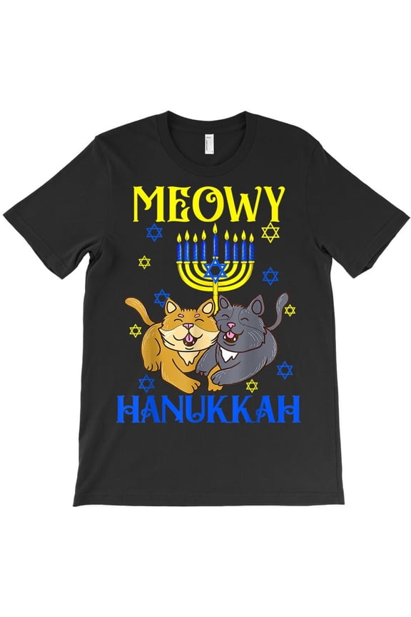 Meowy Hanukkah Funny Jewish Christmas Cat Lover Chanukah Pajama Holiday H35764 T-Shirt, for Men and Women, Up to Size 5XL