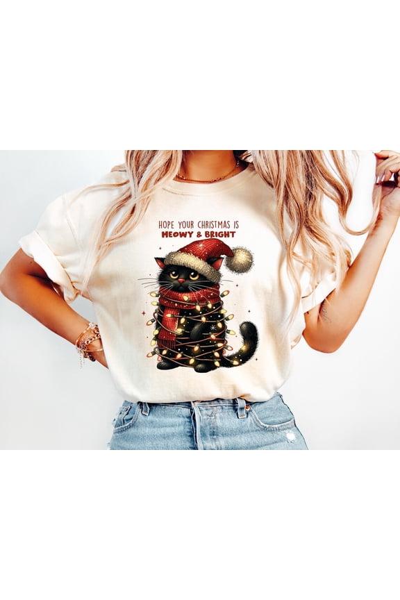 Meowy Winter Cat T-shirt, Winter Lights Shirt All Size S-5Xl