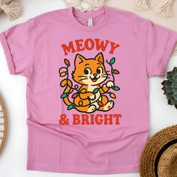 Meowy and Bright Shirt | Cute Cat Graphic Tee with Lights | Unisex Casual T-Shirt, Azalea, Size 3XL