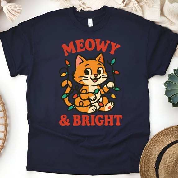 Meowy and Bright Shirt | Cute Cat Graphic Tee with Lights | Unisex Casual T-Shirt, Navy, Size XL