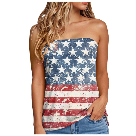 Mepaouo American Flag Bandeau Tank Top Women Smocked Sleeveless Casual Flowy Crop Tunic Blouses