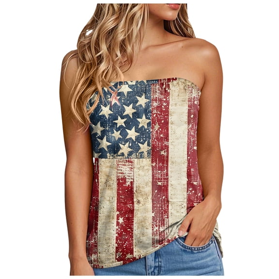 Mepaouo American Flag Bandeau Tank Top Women Smocked Sleeveless Casual Flowy Crop Tunic Blouses
