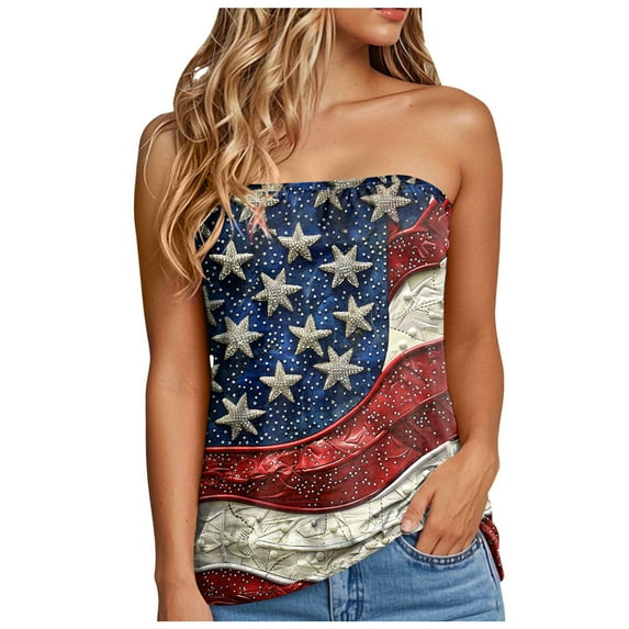 Mepaouo American Flag Bandeau Tank Top Women Smocked Sleeveless Casual Flowy Crop Tunic Blouses