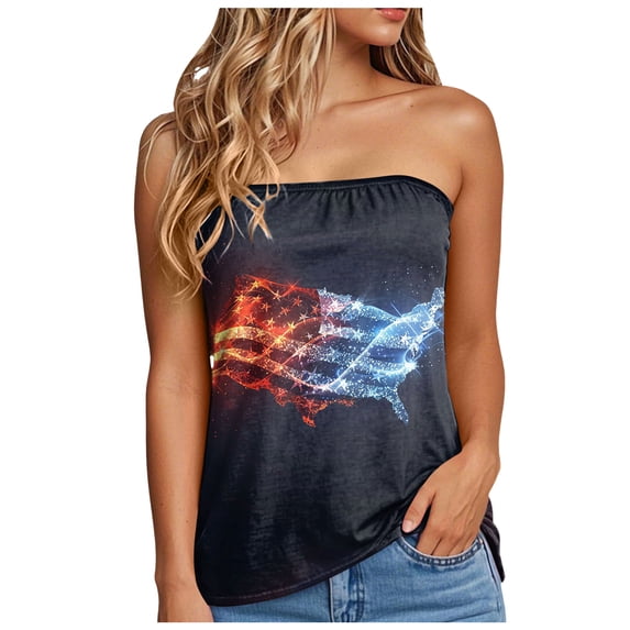 Mepaouo American Flag Strapless Bandeau Tank Women 4th of July Sleeveless Ruffled Tube Bandeau Tops