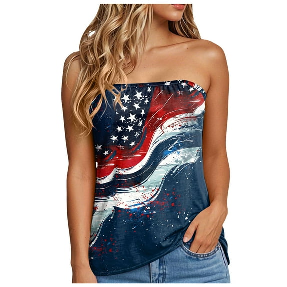 Mepaouo American Flag Strapless Bandeau Tank Women 4th of July Sleeveless Ruffled Tube Bandeau Tops