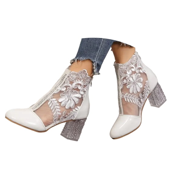 Mepaouo Ankle Booties for Women Back Zipper Clear Floral Lace Dress Boots Latin Dancing Party Shoes