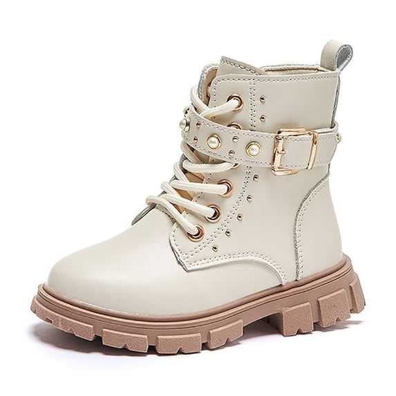 Mepaouo Girls Riding Boots Vintage Lace up Buckle Winter Outdoor Combat Ankle Boots for Kids(Beige,33)