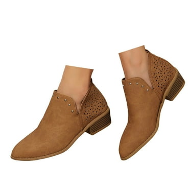 Mepaouo Ankle Boots for Women Casual Cutout Slip on Low Heel Short Stacked Heel Western Booties