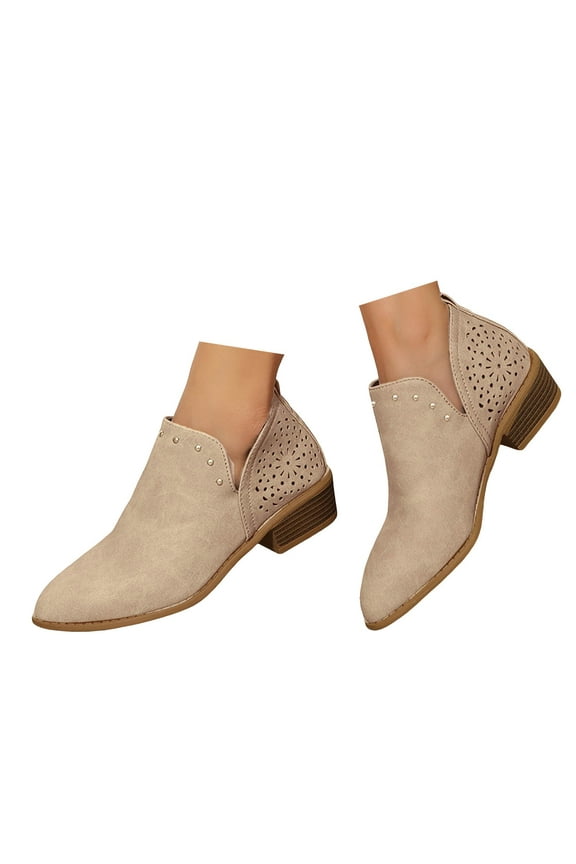Ankle Boots for Women Casual Cutout Slip on Low Heel Short Stacked Heel Western Booties