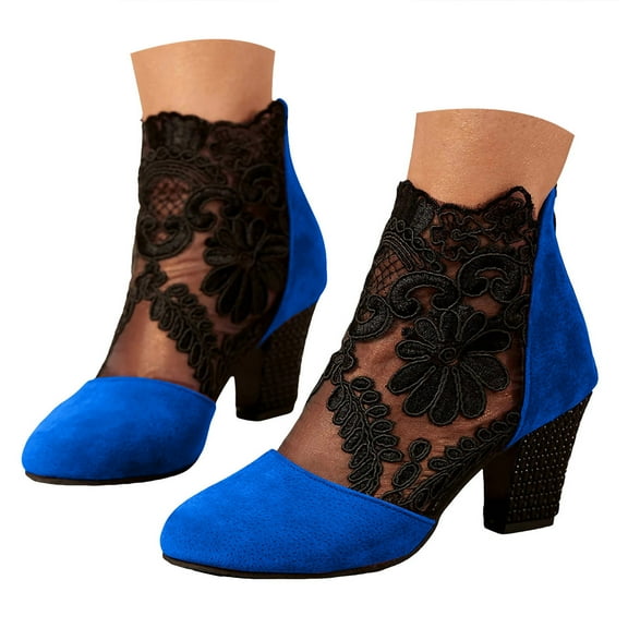 Mepaouo Ankle Boots for Women Embroidery Lace Flower High Heels Dress Short Booties See Through Work Shoes