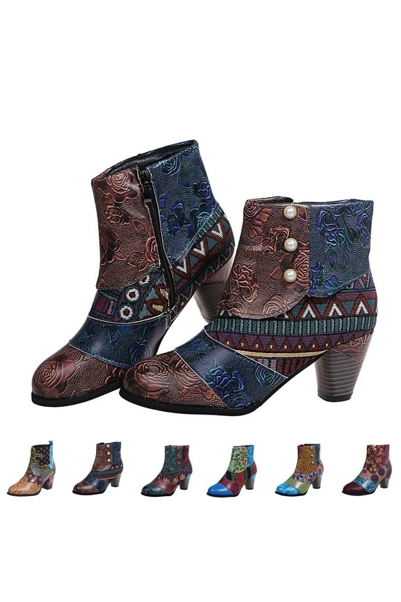 Ankle Boots for Women Fashion Leather Round Toe Pump Short Booties Chunky Heels Dress Boot