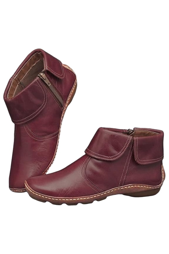 Ankle Boots for Women No Heel Arch Support Booties Side Zipper Vintage Slip on Flat Walking Shoes Red 7