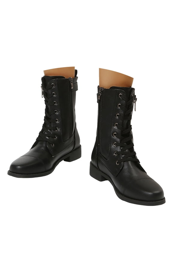 Ankle Combat Boots for Women Flat Lace up Booties Round Toe Low Heel Military Dressy Shoes