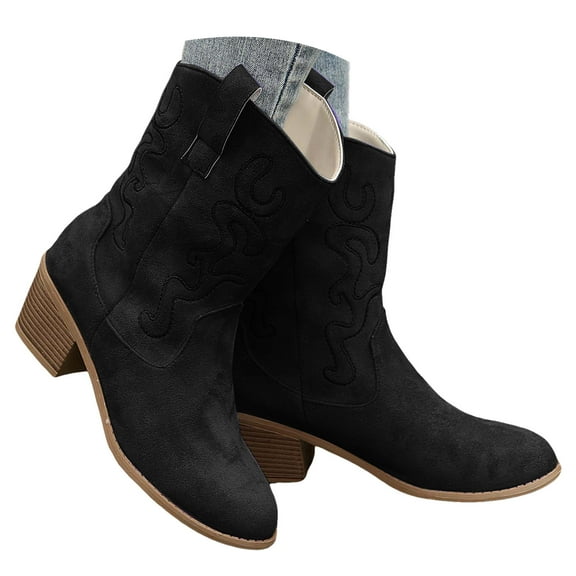 Mepaouo Ankle Cowboy Boots for Women Embroidered Cowgirl Western Booties Chunky Heel Pull On Shoes