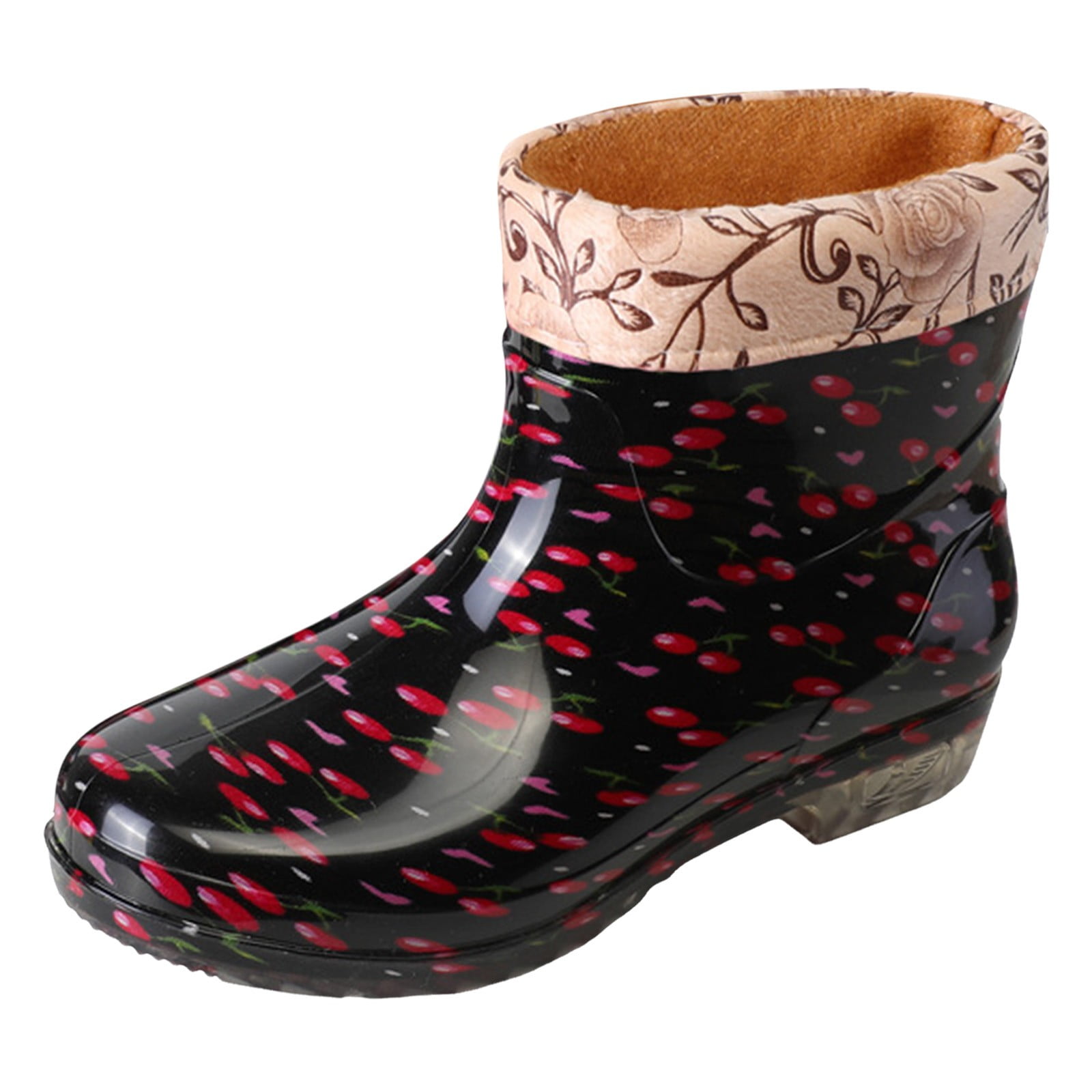 Mepaouo Ankle Rain Boots for Women Floral Fleece Lined Garden Shoes Waterproof Walking Outdoor Rainboot