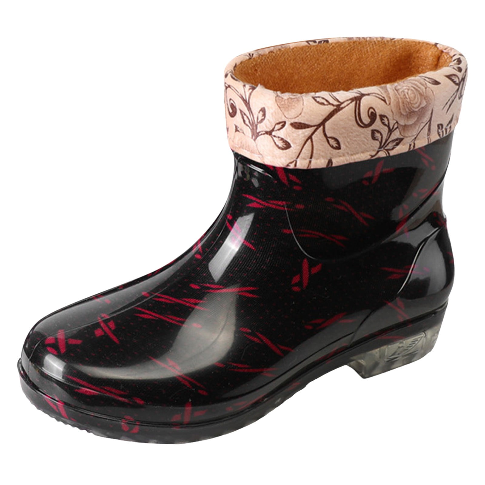 Mepaouo Ankle Rain Boots for Women Floral Fleece Lined Garden Shoes Waterproof Walking Outdoor Rainboot