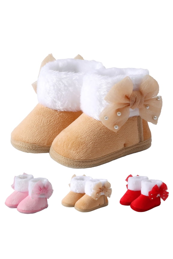 Baby Booties Cozy Fleece Boy Girl Boots Winter Snow Bowknot Newborn Walker Crib Sock Shoes Khaki 4
