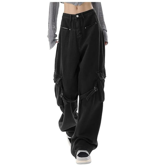 Mepaouo Baggy Cargo Pants for Women High Waisted Wide Leg Y2k Hop Streetwear Denim Pants(Black,S)