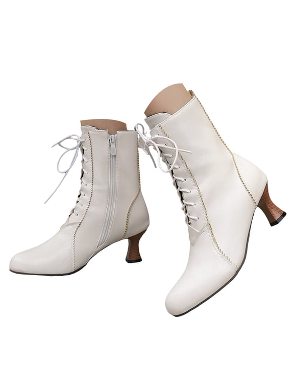 Ballroom Ankle Boots Women Low Heel Lace up Dance Boots Leather Mid-Calf Boots