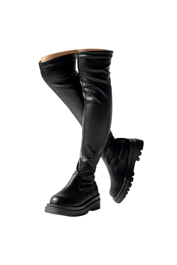 Black Thigh High Boots for Women Platform Over The Knee High Boots Lug Sole Combat Riding Shoes