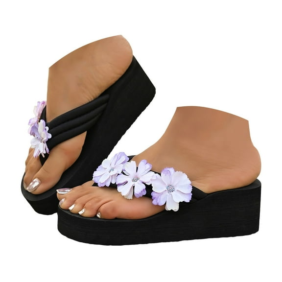 Mepaouo Black Wedge Flip Flops for Women Flower Platform Summer Shoes Yoga Mat Orthopedic Thong Sandals
