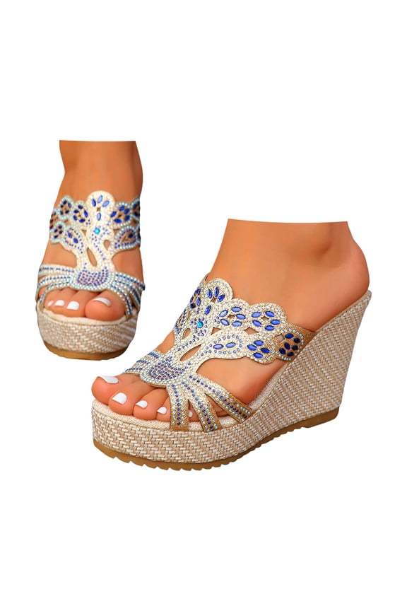 Bohemian Wedge Sandals for Women Rhinestone Platform Espadrilles Slides Summer Beach Shoes