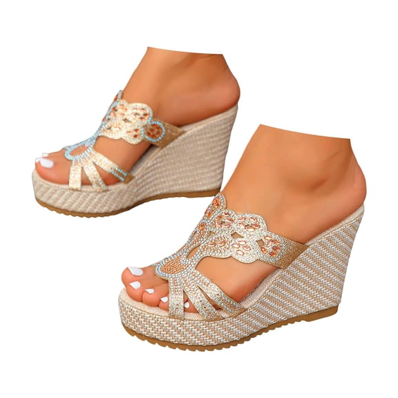 Mepaouo Bohemian Wedge Sandals for Women Rhinestone Platform Espadrilles Slides Summer Beach Shoes