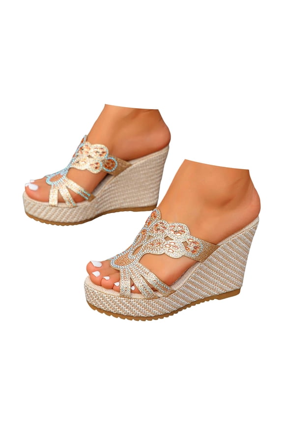 Bohemian Wedge Sandals for Women Rhinestone Platform Espadrilles Slides Summer Beach Shoes