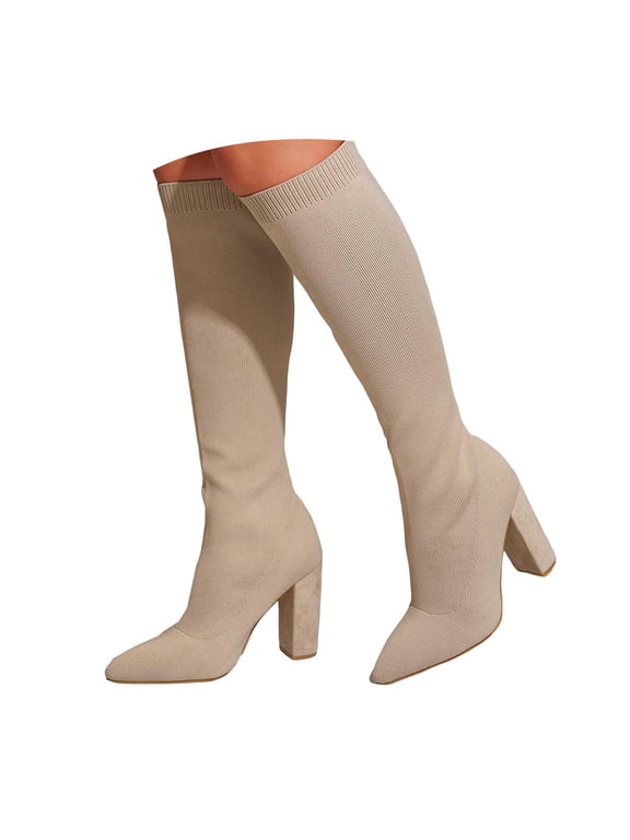 Boots for Women Knitted Slouchy Knee High Boot Stretch Wide Calf Pointed Toe Winter Sock Booties