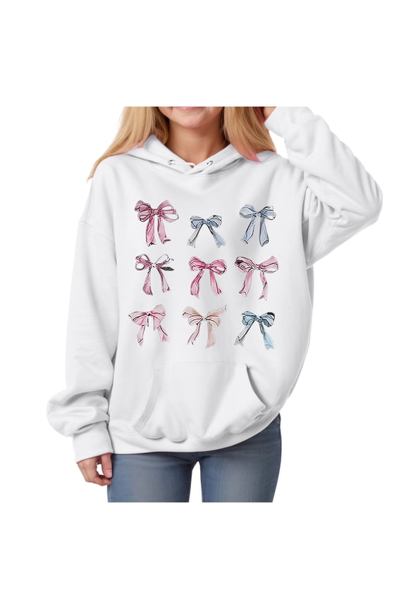 Bow Hoodie for Teen Girls Preppy Casual Hooded Sweatshirts Kids Loose Comfy Pullovers Tops White 11-12 Years